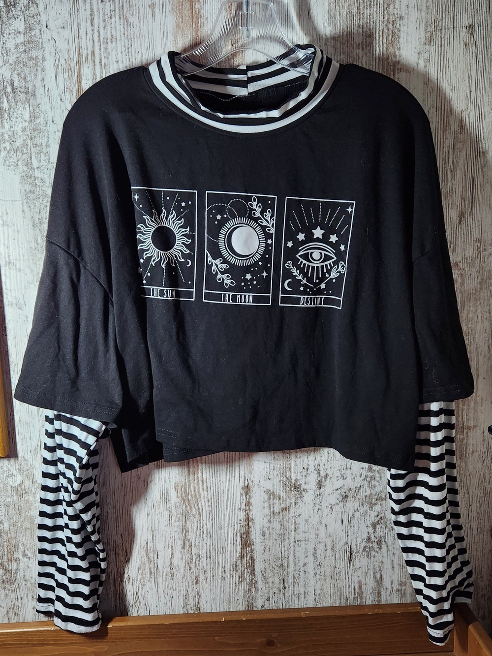 Black White Layered-Look Crop Top Striped Sun Moon Destiny Tarot Cards Goth